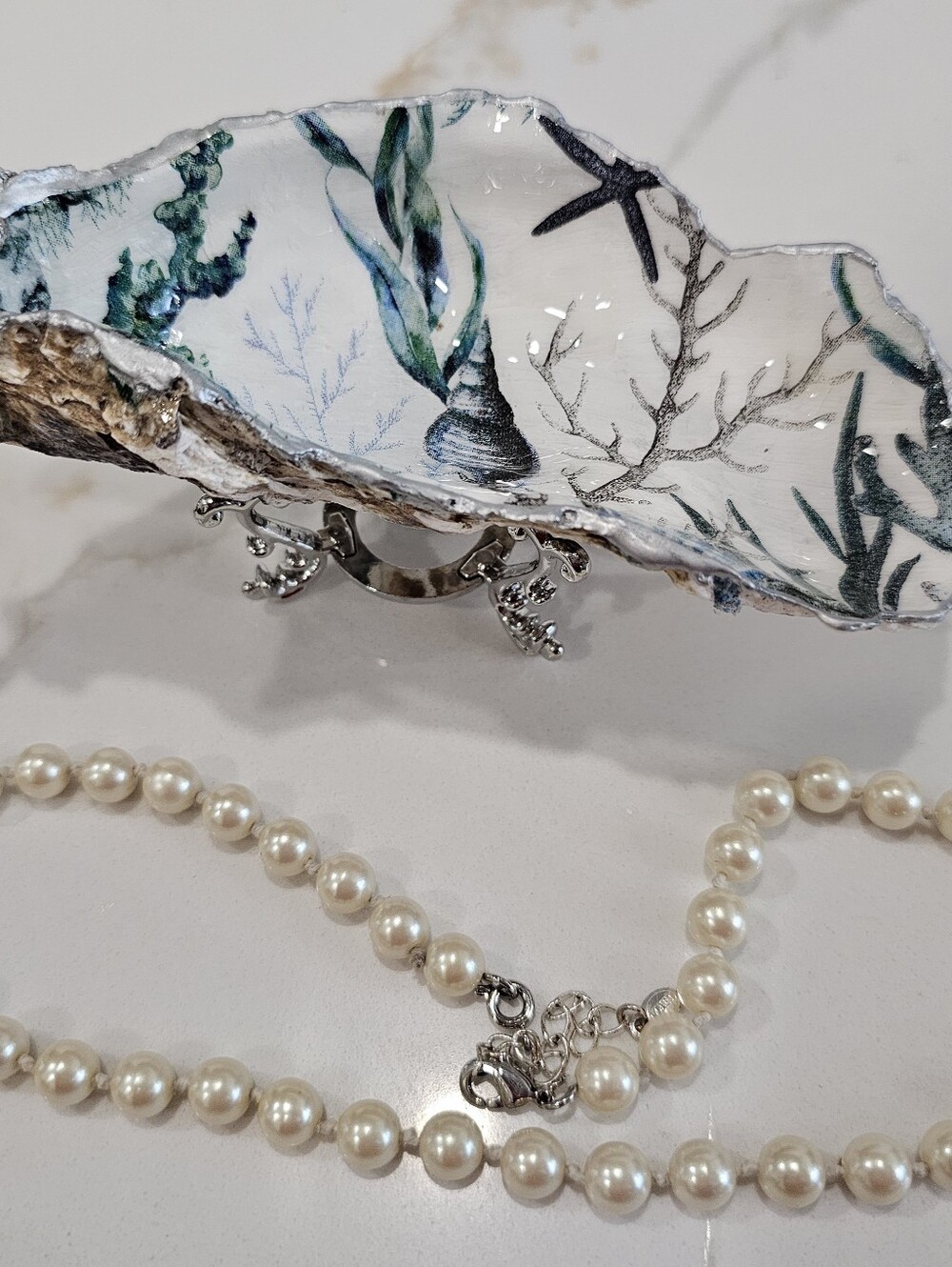 Decoupaged Handmade Oyster Shell Sea Print Ring Dish Or Trinket Jewelry Holder